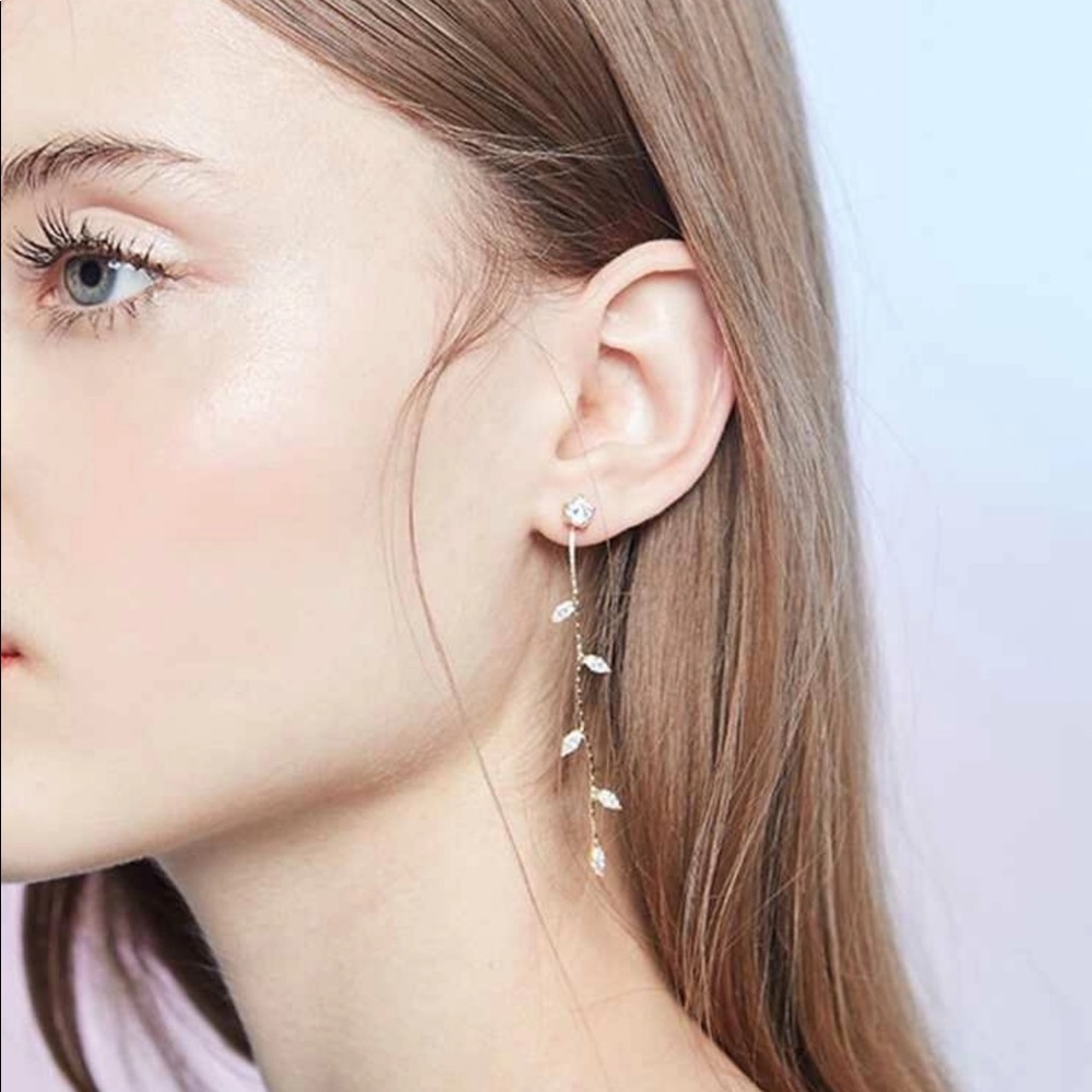 Rhinestone Leaf Drop Earrings - Picture 1 of 5